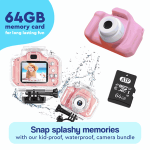 LittleLens Kids Camera waterproof bundle with 64GB memory card and protective case for kids' outdoor and underwater photography.