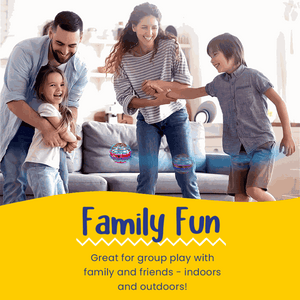 Family playing indoors with Galaxy Lights Flying Magic Orb for group fun and interactive play