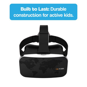 Durable interactive VR headset for kids with adjustable straps and world map design
