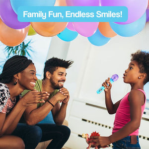Child singing with Complete Karaoke Mic Set while parents watch and cheer under colorful balloons
