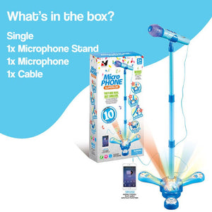 Complete Karaoke Mic Set with blue microphone on LED light stand and packaging box with cable on blue background