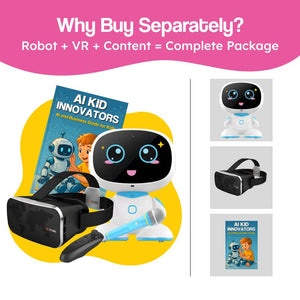 Children playing with AI robot and VR headset for immersive STEM learning and virtual exploration