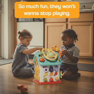 Two toddlers playing with Montessori Busy House toy for fine motor skills development