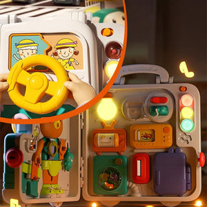 Busy Board Montessori educational toy for infants with interactive buttons, lights, and activities for sensory and motor skill development.