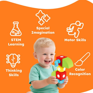 Toddler playing with ClickBlox soft magnetic STEM building blocks promoting motor skills and imagination