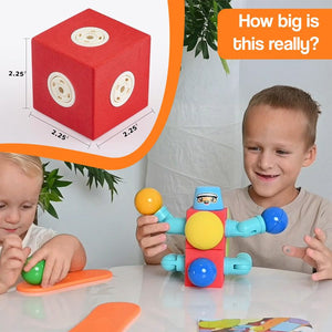 Children playing with soft magnetic STEM building blocks, colorful EVA foam shapes with internal magnets for safe, creative play, measuring 2.25 inches each side.