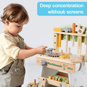 Toddler playing with Daddy's Buddy STEM Wooden Workbench, screen-free educational wooden toy with tools and gears.