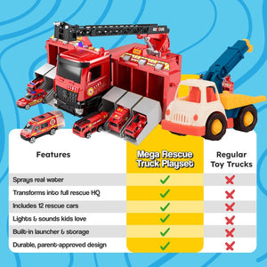 Mega Rescue Water Spray Truck playset with 12 die-cast cars, water spray, lights, sounds, and transforming rescue headquarters.