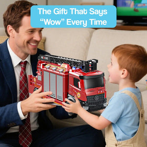 Mega Rescue Water Spray Truck toy being handed to a child by an adult.