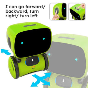 Robby the Robot interactive toy for kids with voice control and movement functions in bright green design