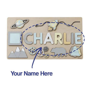 Personalized Montessori wooden board puzzle with space theme and custom name Charlie for kids learning and development