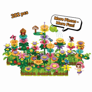Educational garden building flower toys set with 282 colorful flower pieces and butterfly figures for creative play and motor skill development.
