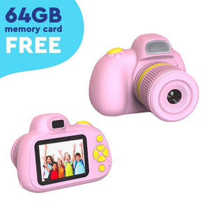 Pink Mini Photographer Digital Camera for kids with dual lenses and 64GB memory card, child-friendly design