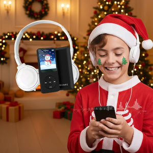 Child using Christmas-themed MP3 player with headset in festive living room setting