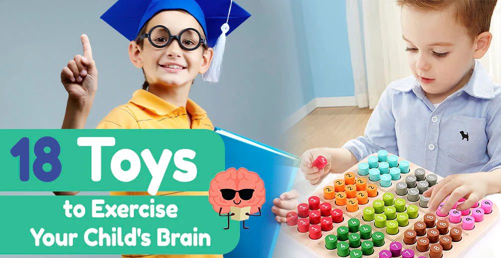 Child playing with colorful educational wooden counting toy promoting toys that exercise the brain.