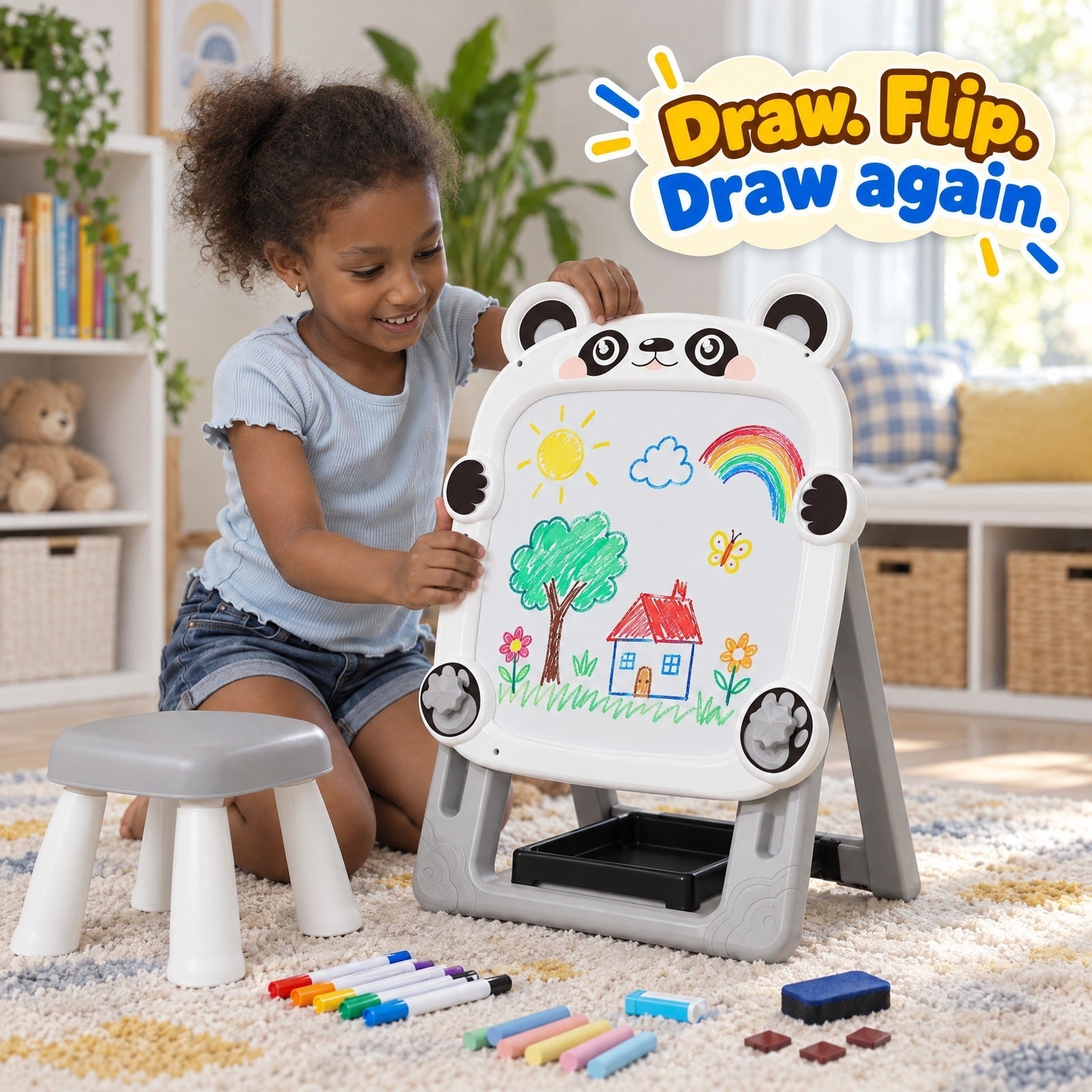 Foldable Double-Sided Kids Art Easel with Stool