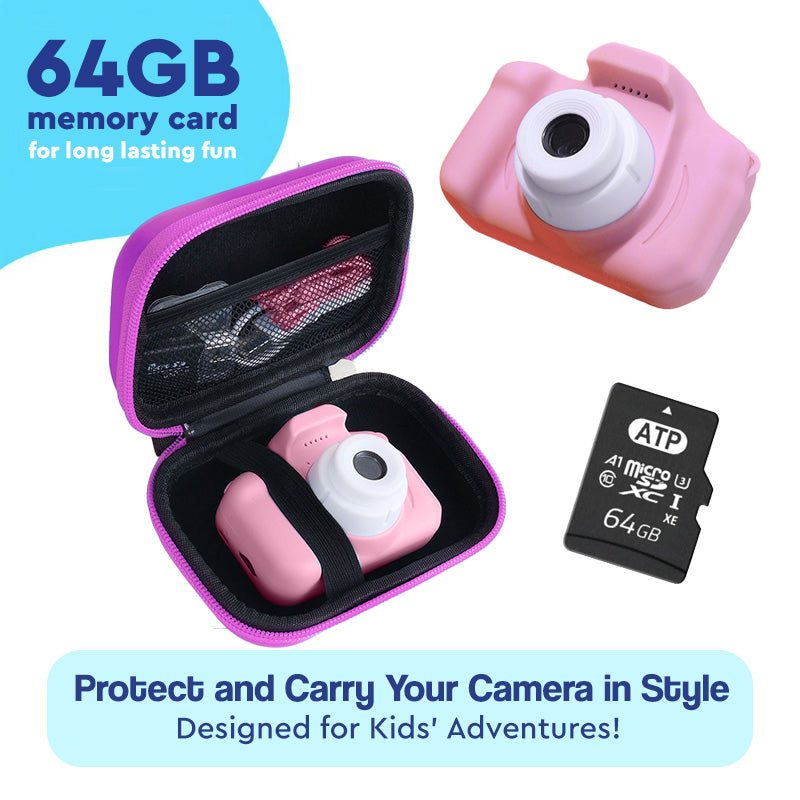 LittleLens Kids Camera in pink with protective case and 64GB memory card for kids' adventures