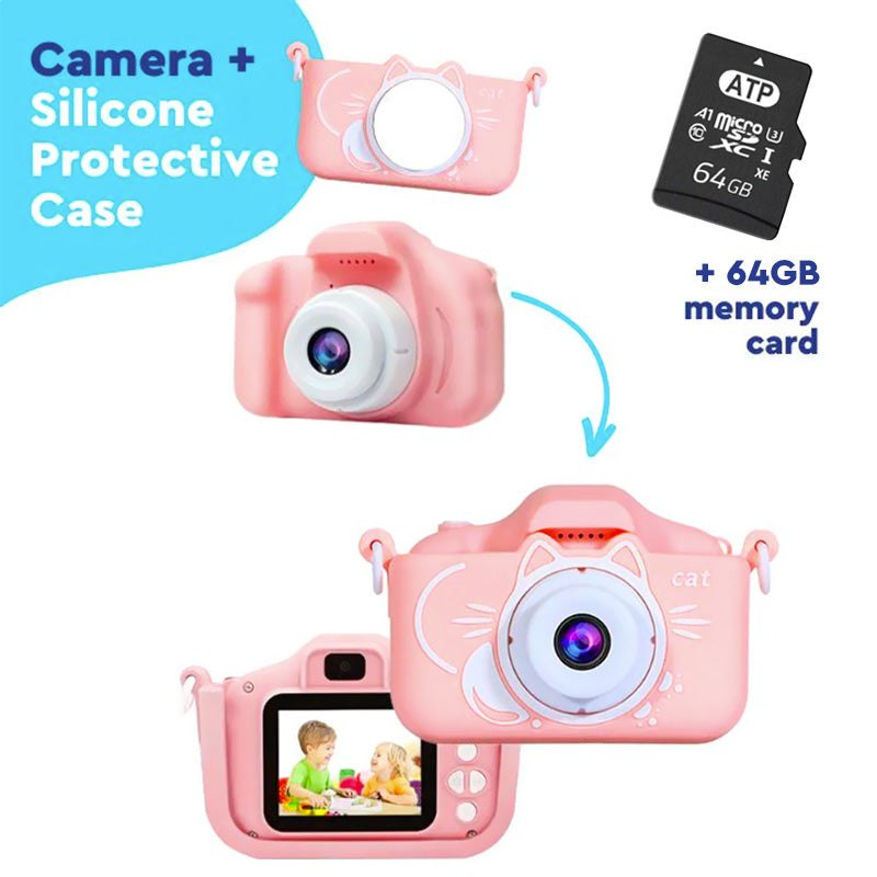 Pink LittleLens Kids Camera with cat-shaped silicone protective case and 64GB memory card bundle