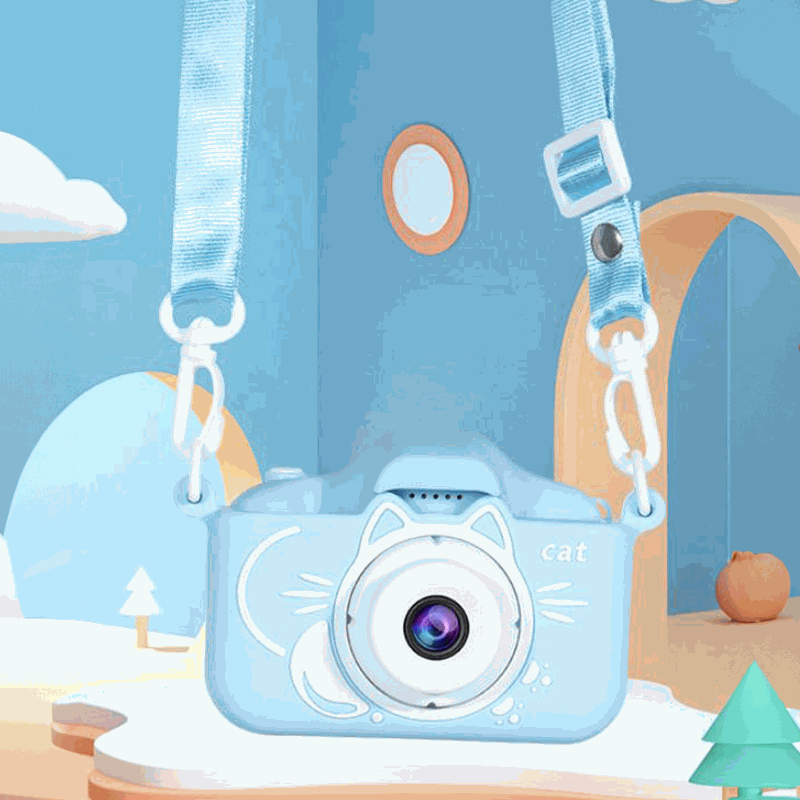 LittleLens Kids Camera in blue with cat design, lightweight and kid-friendly for creative photography and outdoor play.