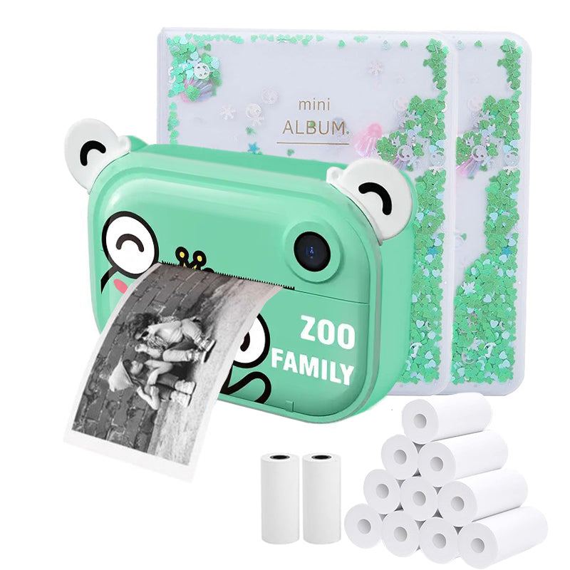 kids instant print camera with thermal paper rolls and mini album in green cartoon design