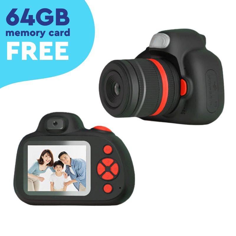 Mini Photographer Digital Camera for kids with dual lenses, autofocus, 2.4-inch screen, and free 64GB memory card.
