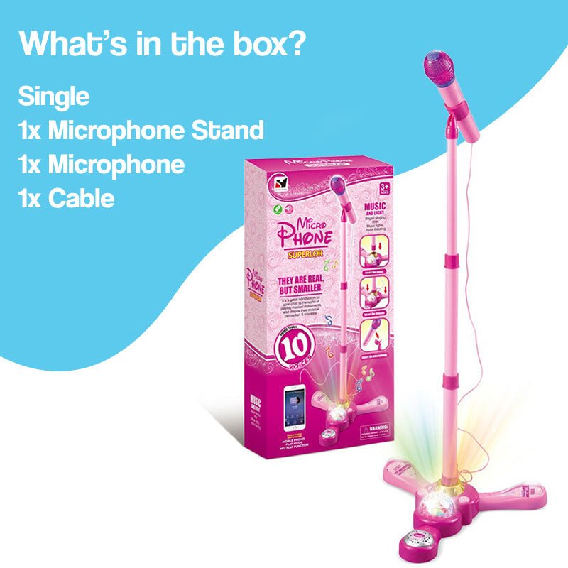 Complete Karaoke Mic Set with pink microphone, adjustable stand, cable, and festive LED light base for kids.