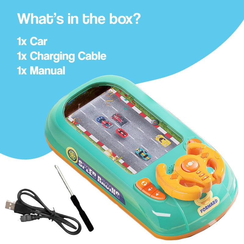 TurboRace Interactive Game Set with steering wheel, race car game, charging cable, and manual for kids ages 3+
