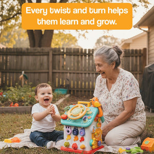 Toddler playing with Montessori Busy House toy outdoors with grandmother, promoting fine motor skills and learning through play
