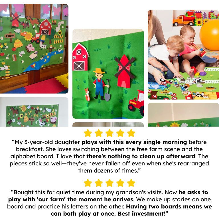 FarmPlay Velcro Learning Board Duo with colorful farm-themed felt pieces and two large Velcro-backed boards for toddler learning and play