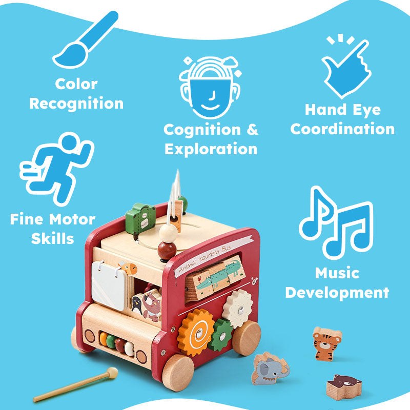 Wooden Montessori Busy Bus toy with gears, shape sorting, bead maze, and xylophone for early learning and motor skill development