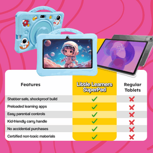 shockproof learning tablet for kids with shatter-safe blue astronaut case and educational apps comparison chart
