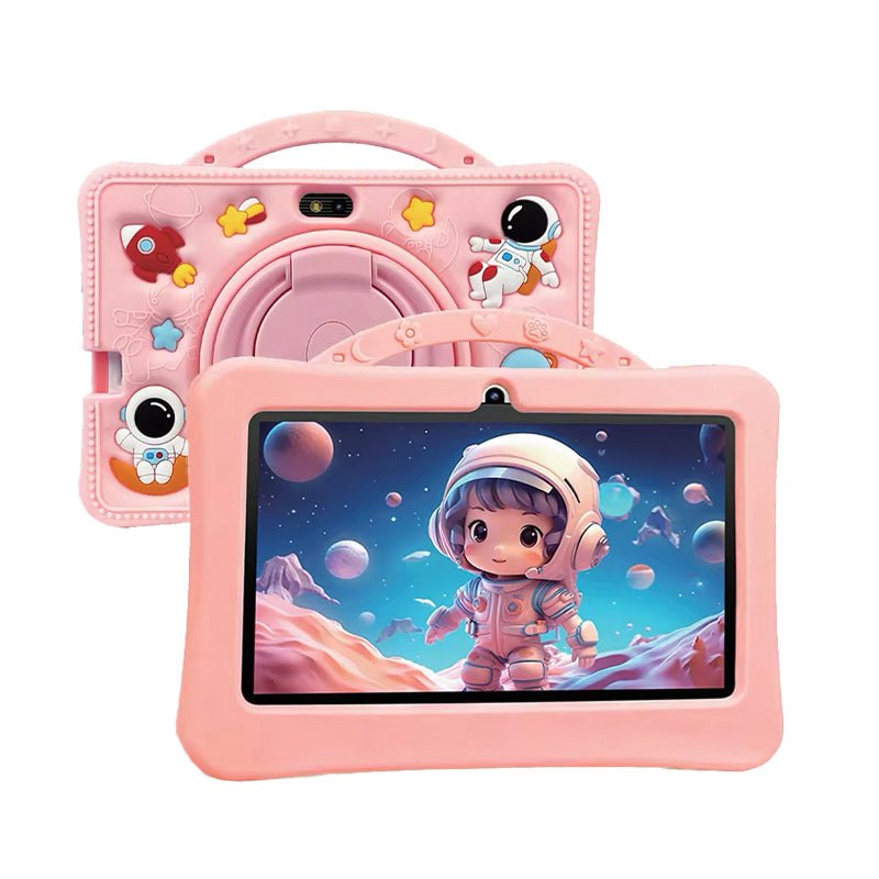 pink shockproof learning tablet for kids with astronaut theme and durable silicone case