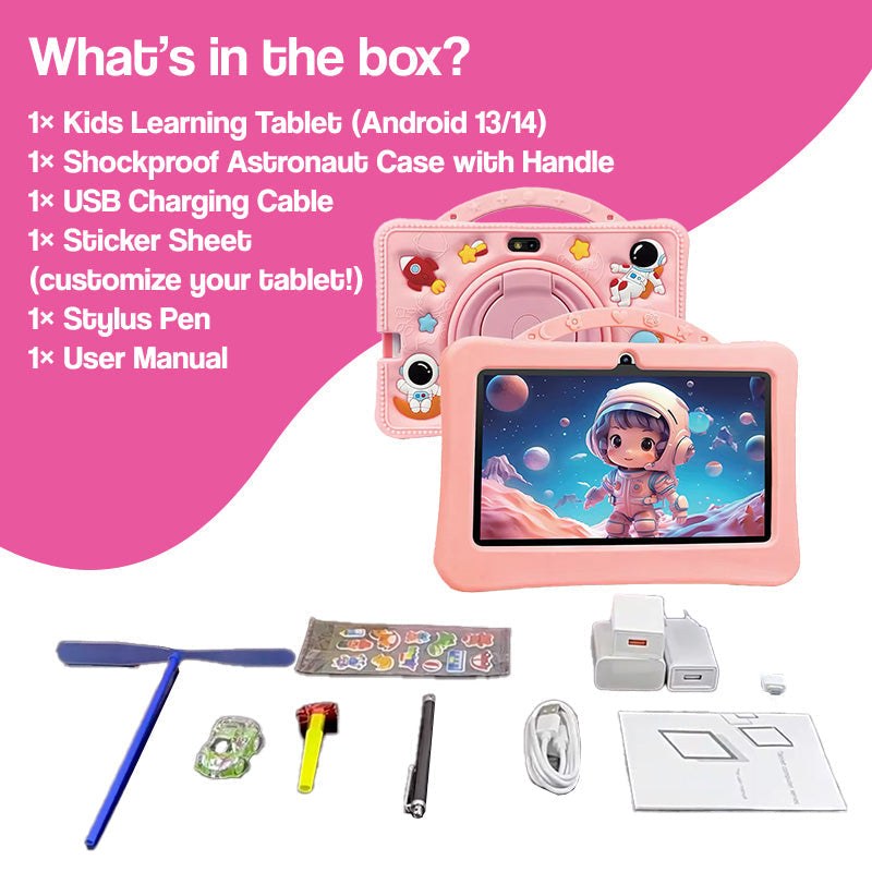 pink shockproof learning tablet with astronaut case stylus stickers and accessories for kids ages 2 to 6
