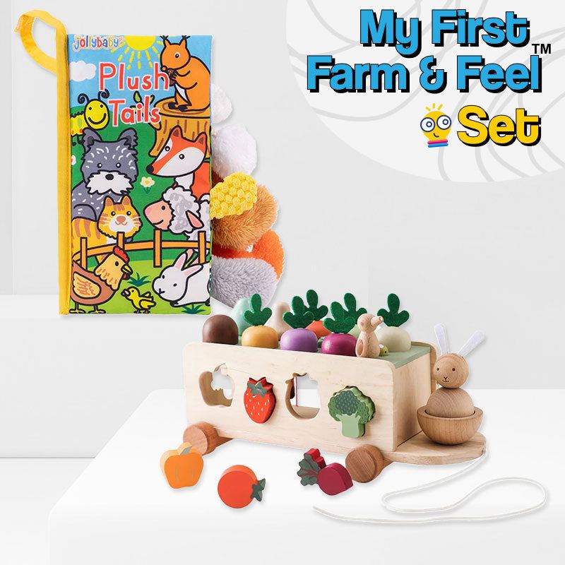 My First Farm & Feel Set wooden farm toy with animal tails book for sensory play and early learning