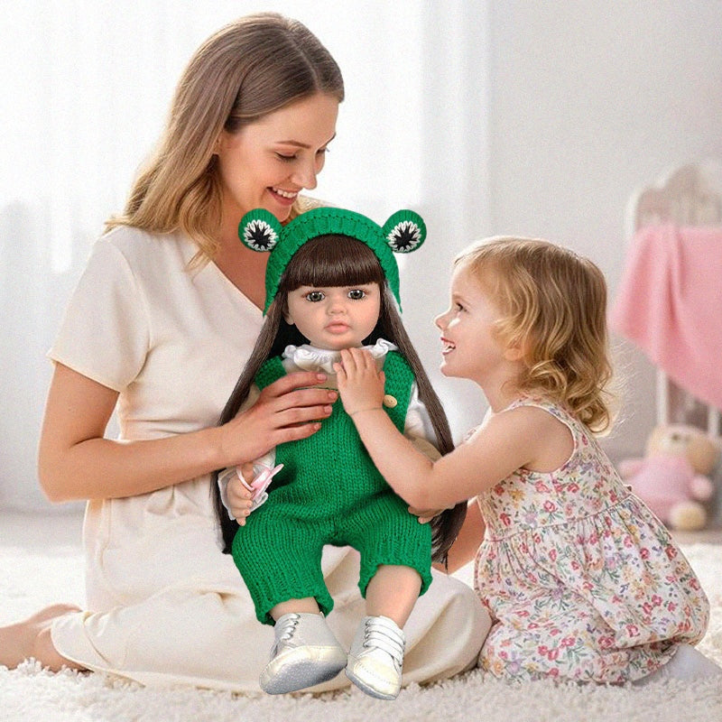 Real-feel baby doll with lifelike features held by mother and daughter in cozy home setting