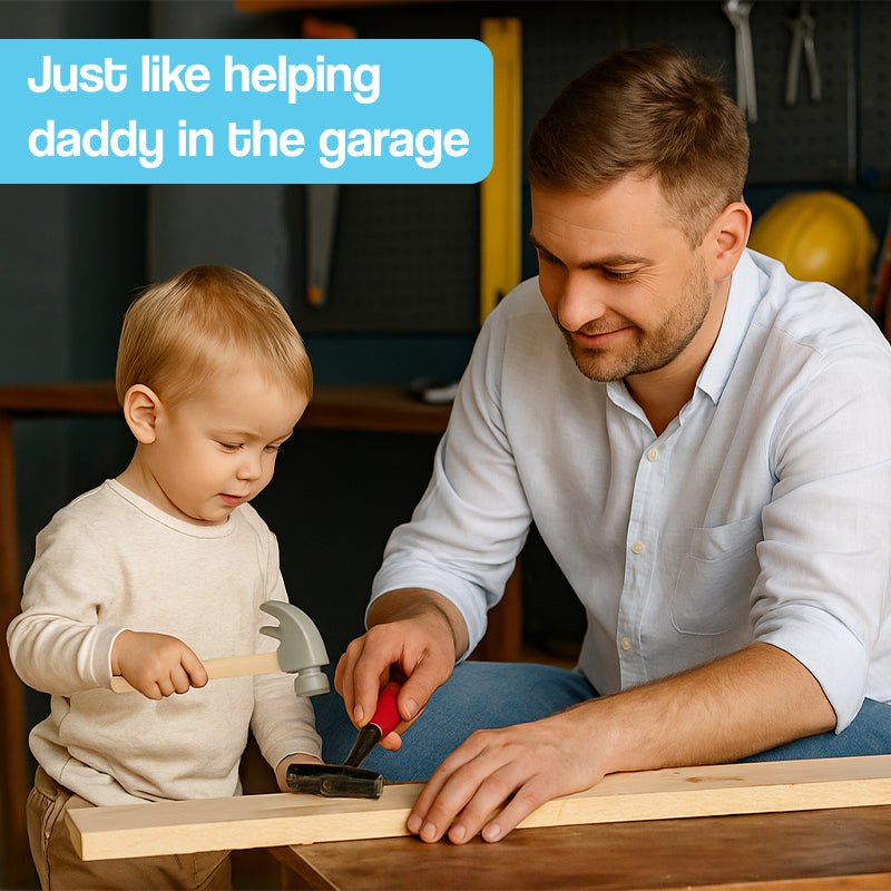 Father and toddler son playing with Daddy's Buddy STEM Wooden Workbench toy tools in garage setting