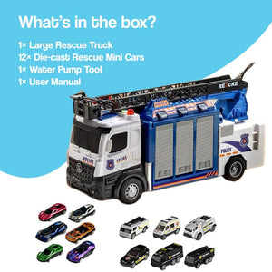 Mega Rescue Water Spray Truck with ladder, 12 die-cast rescue cars, water pump tool, police-themed transformable rescue playset for kids.