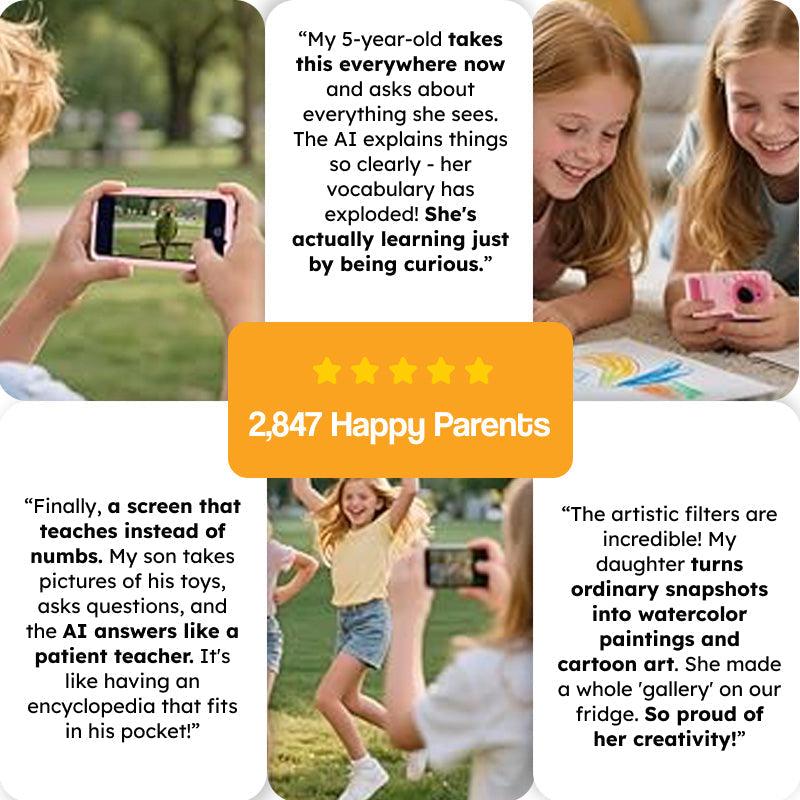 ChatGPT powered smartphone for kids with AI camera that identifies objects, kid-friendly explanations, creative effects, and eye-safe screen