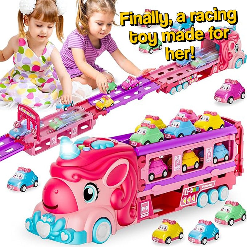 Unicorn Express dual racing truck toy with colorful mini cars and race track for kids ages 3 and up
