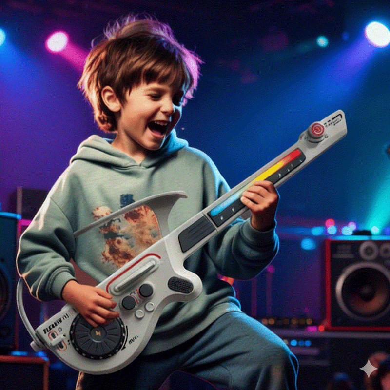 Child playing with a multifunctional Bluetooth DJ guitar featuring colorful lights and interactive buttons in a vibrant music studio setting