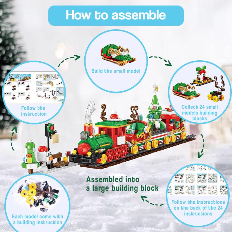 Holiday Express Train Advent Calendar building blocks set assembled into festive holiday train with step-by-step instructions and 24 mini models