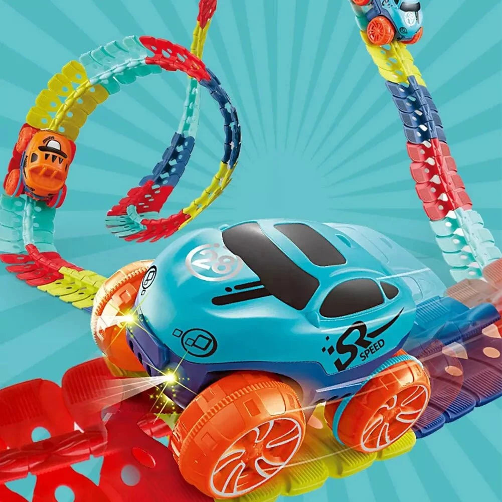 Colorful Anti-Gravity Race Track with LED cars looping and climbing on flexible track pieces
