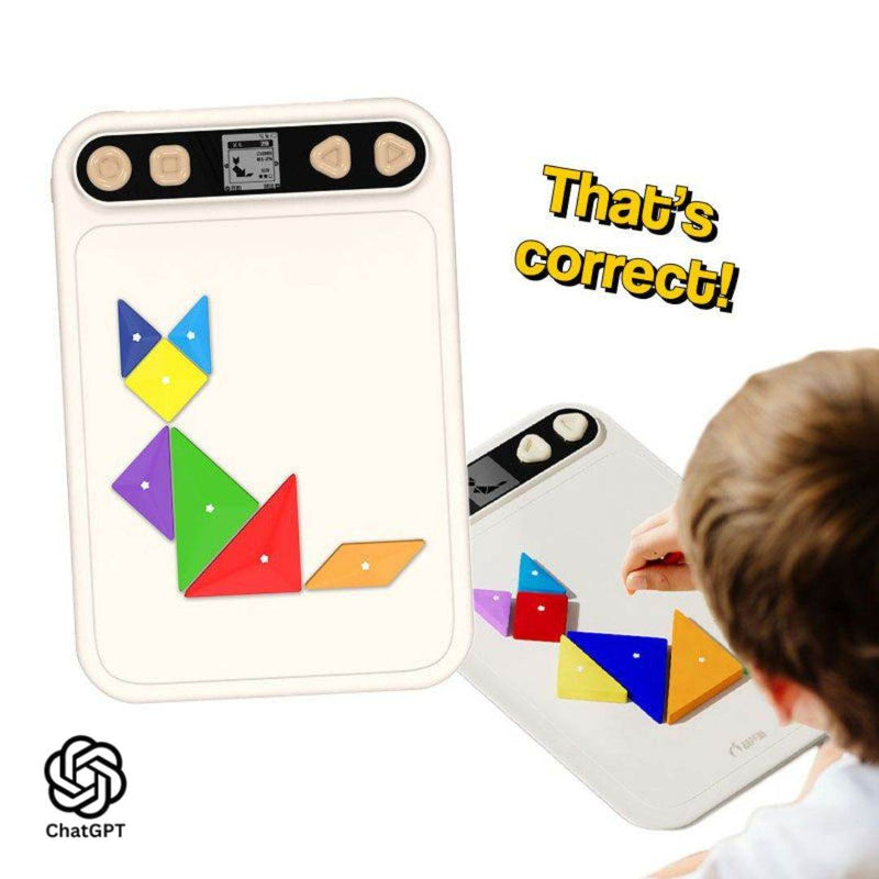 Child playing with AI powered STEM puzzle board using colorful magnetic pieces on white board with digital display and correct answer feedback