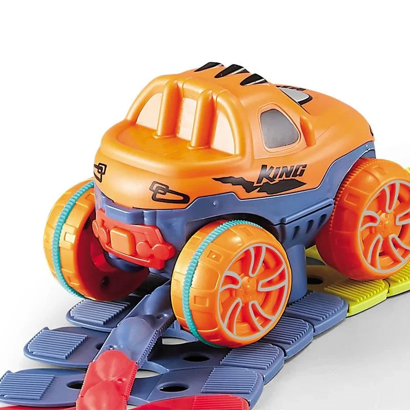 Orange and blue LED toy car on flexible colorful Anti-Gravity Race Track piece