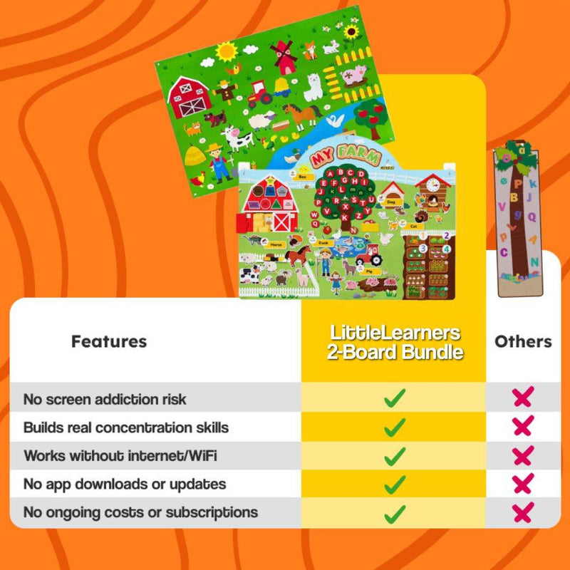 FarmPlay Velcro Learning Board duo with colorful felt farm animals and letters on wall-mounted boards for toddlers' interactive learning and play