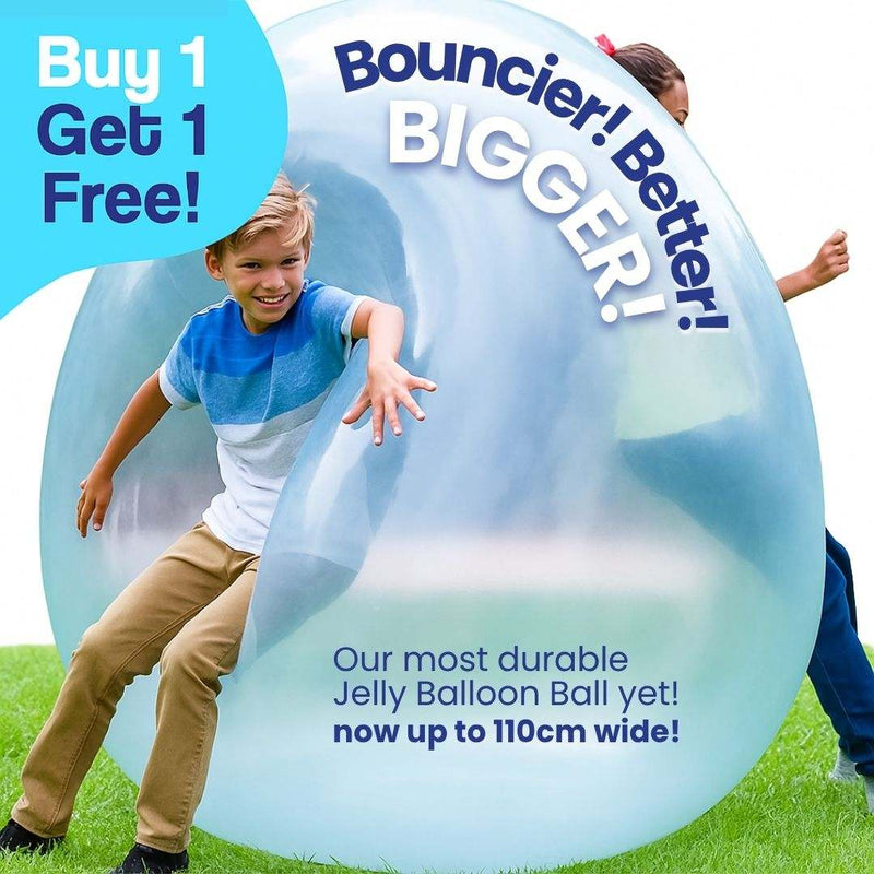 Kids playing outdoors with Giant Jelly Balloon Ball inflatable toy on grass, blue and white transparent balloon ball, Buy 1 Get 1 Free promotion, Christmas Collection