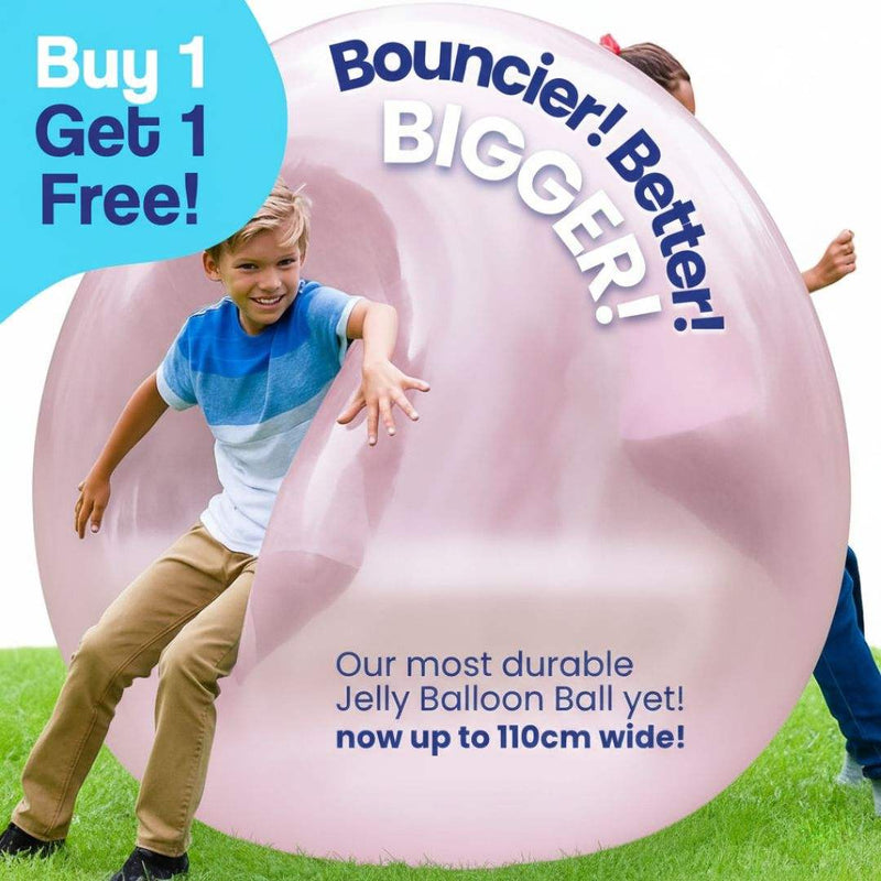 Kids playing with giant pink inflatable Jelly Balloon Ball outdoors, buy one get one free promotion, durable and large size up to 110cm wide
