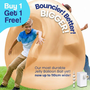 Kids playing with a large, durable Giant Jelly Balloon Ball outdoors with a buy one get one free offer and pump shown