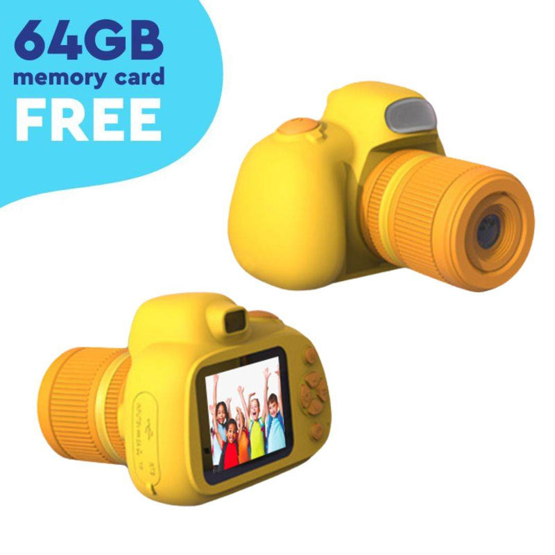 Yellow Mini Photographer Digital Camera for kids with dual lenses and 64GB memory card included