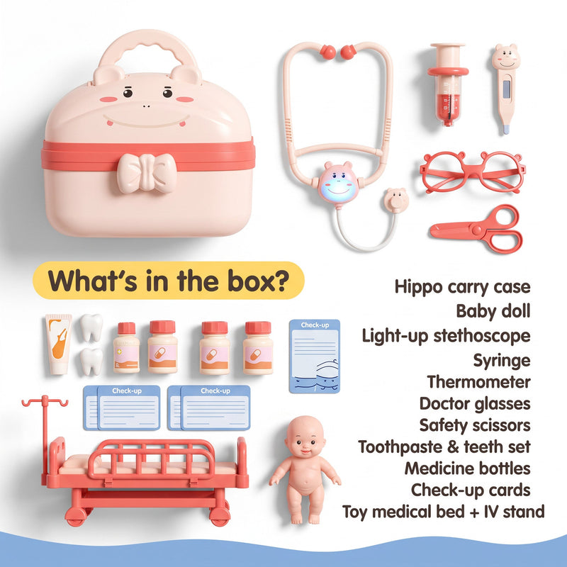 Little Doctor Play Kit with Hippo Carry Case in pink – educational toy